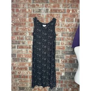 VTG Black Floral Shift Midi Dress Petite Large Linen Blend 90s Minimalist